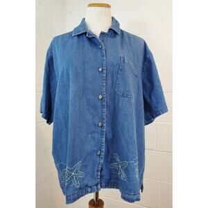 Jane Ashley Woman VTG Blue Embroidered Seashells Cottage Core Blouse Top Plus 3X